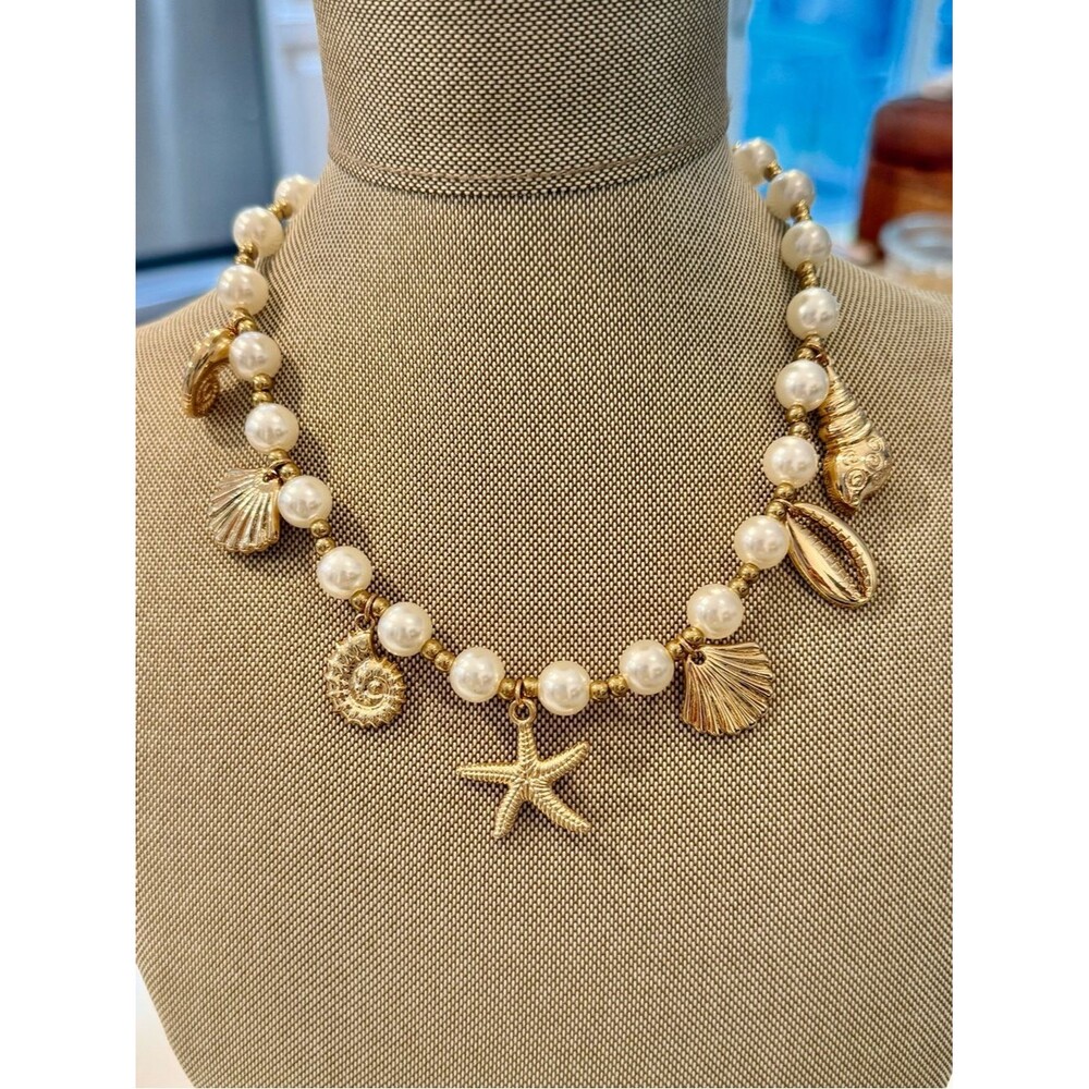 Gold Seashell Charm Necklace with White Pearls